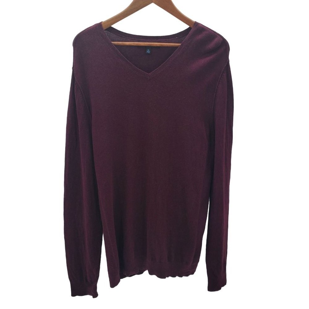 Marc Anthony Mens Cashmere Blend V-Neck Pullover Knit Sweater XL Purple Stretch
